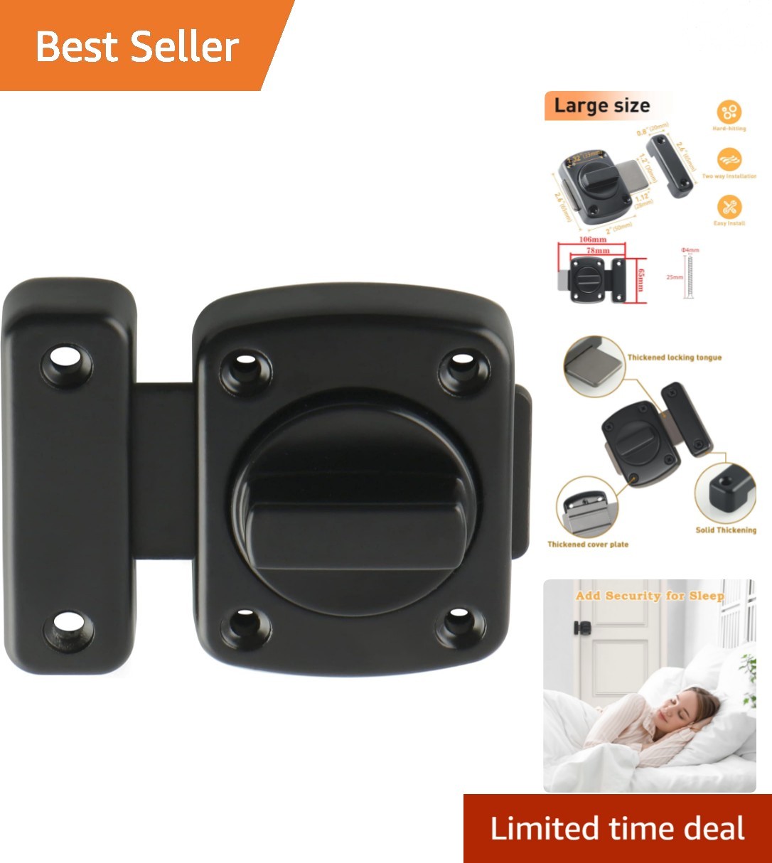 Heavy-Duty Zinc Alloy Gate Latch Slide Bolt Lock for Superior Security, 78mmx...
