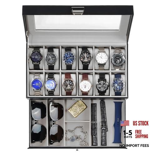 Black 12-Slot Watch Box with Drawer - 12-Slot for Men - 2-Layer Design