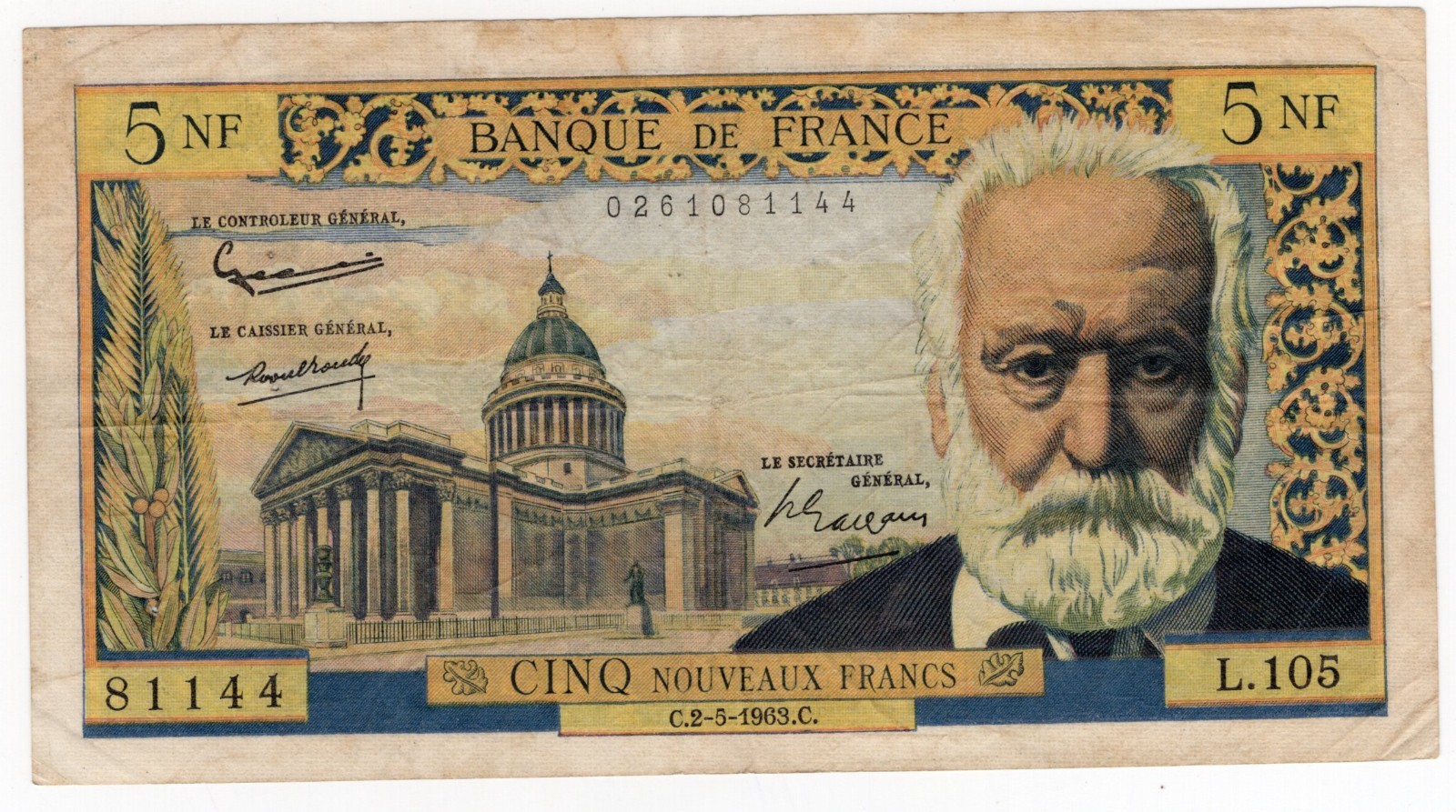 FRANCE P-141 5 Francs 1963 Victor Hugo Los Miserables Nice Grade