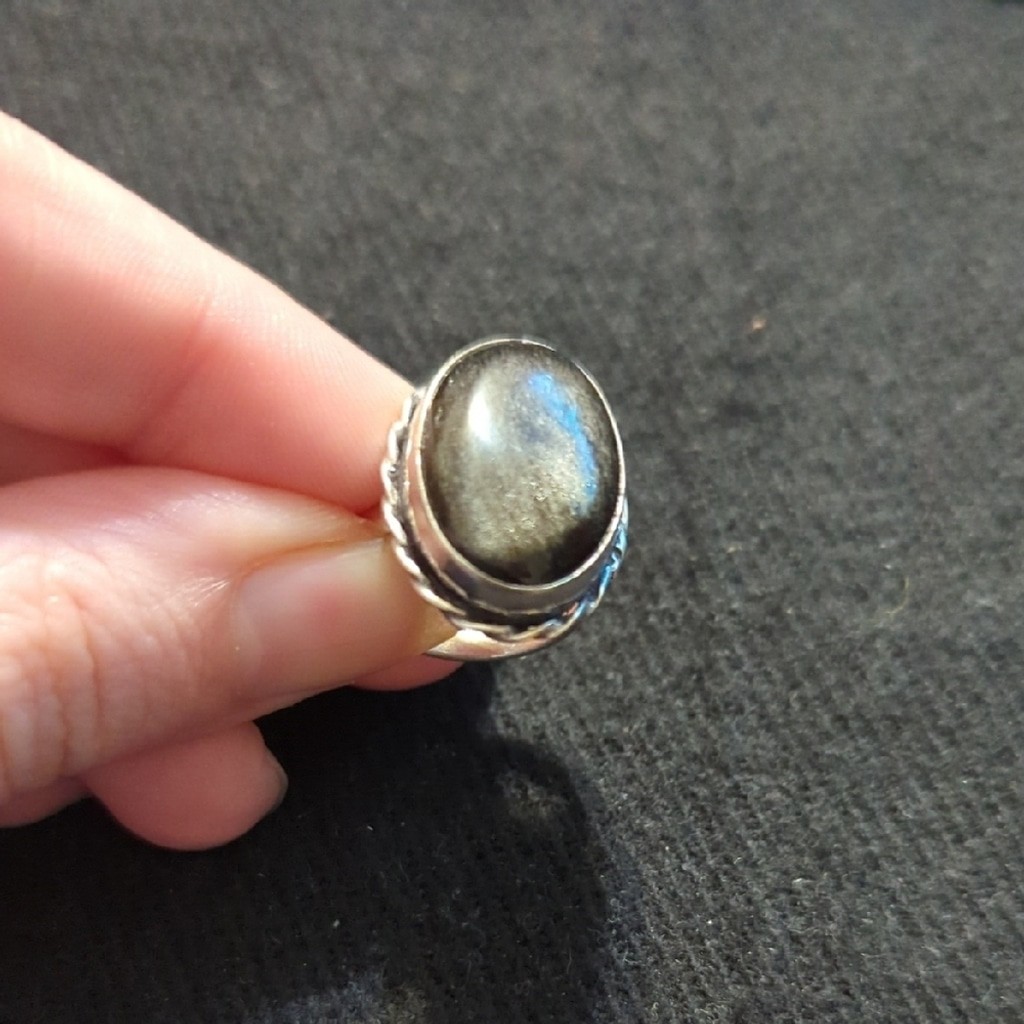 Silver Plated Black Moonstone Gemstone Oval Statement Ring - Size 6