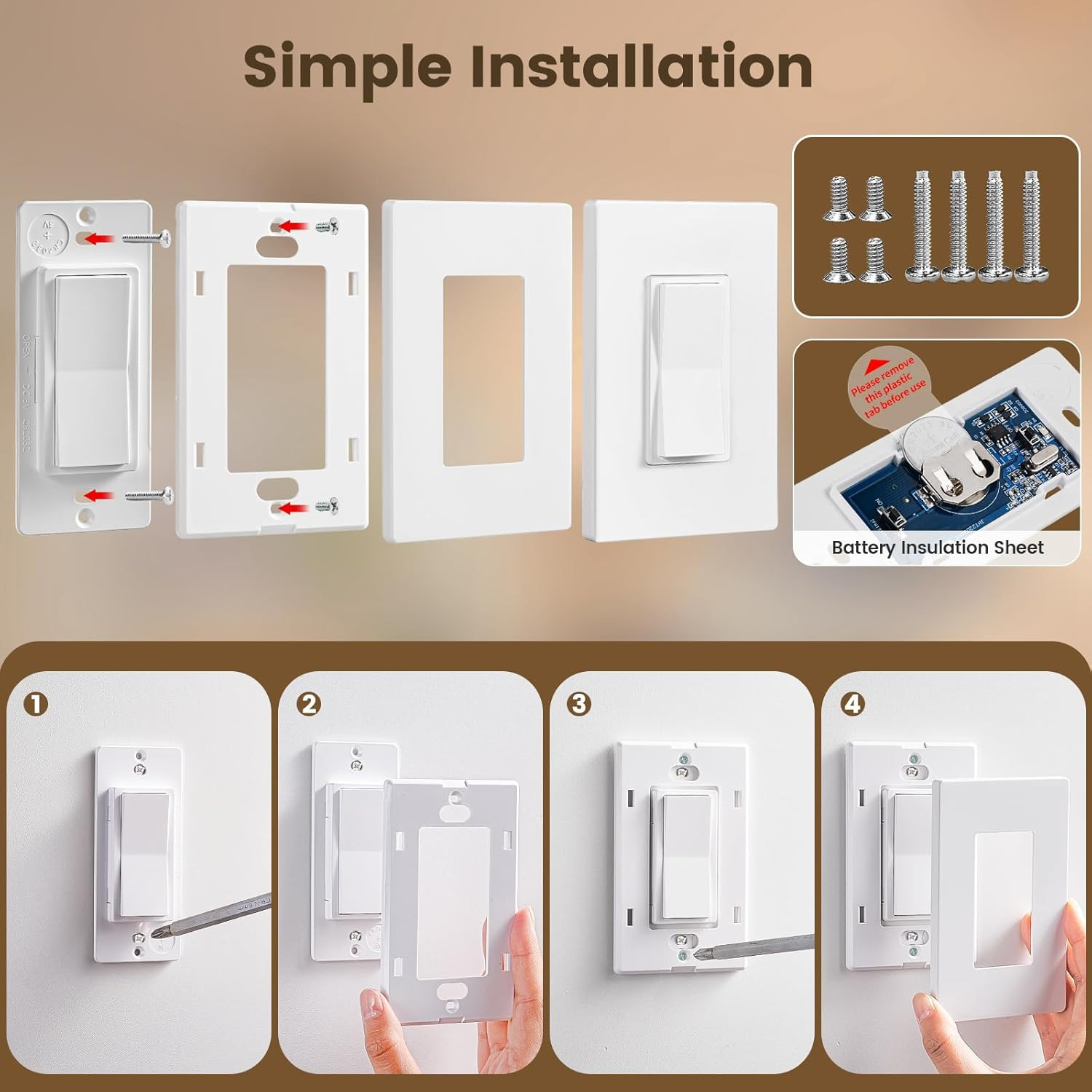 3 Way Wireless Light Switch and Receiver Kit, Push-In Terminal | Ultra-Thin Desi