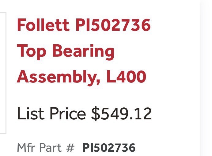 Follett PI502736 Top Bearing Assembly Replacement Part for L400 Ice Machine