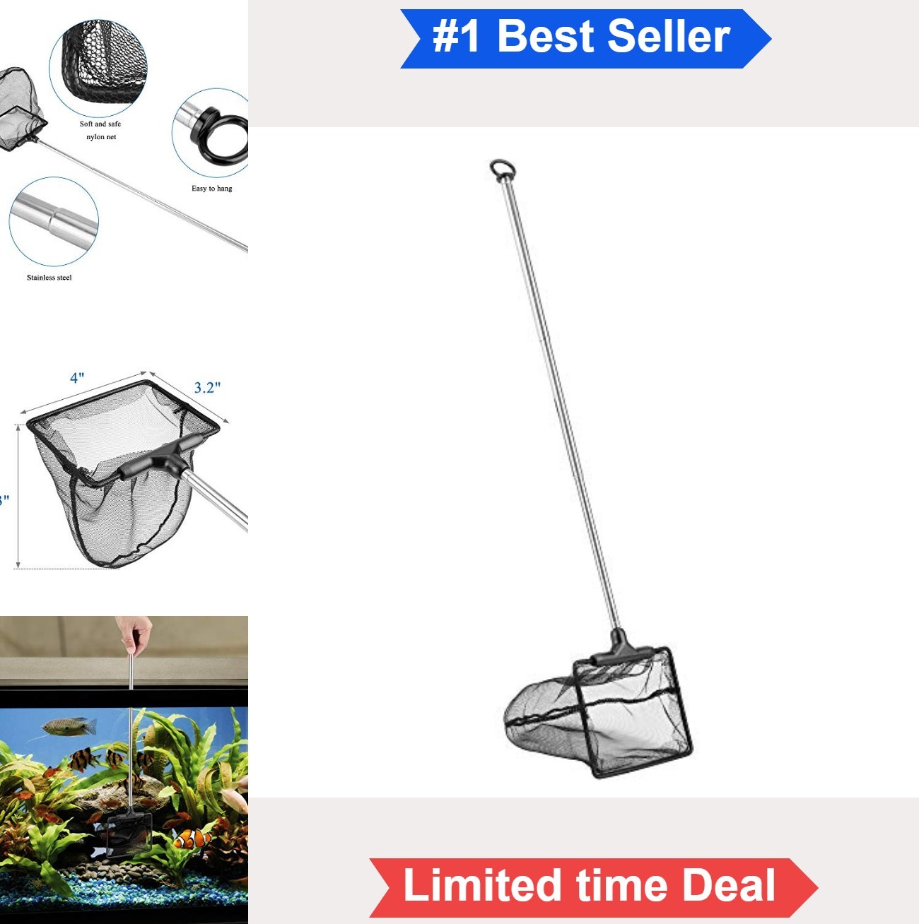 Aquarium Fish Net Extendable Stainless Steel Handle 4 Inch Fine Mesh for Guppy