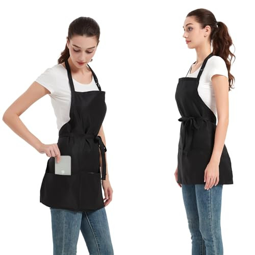 Waterproof Server Apron, Aprons for Women with 3 One Size Black, 2 Pack