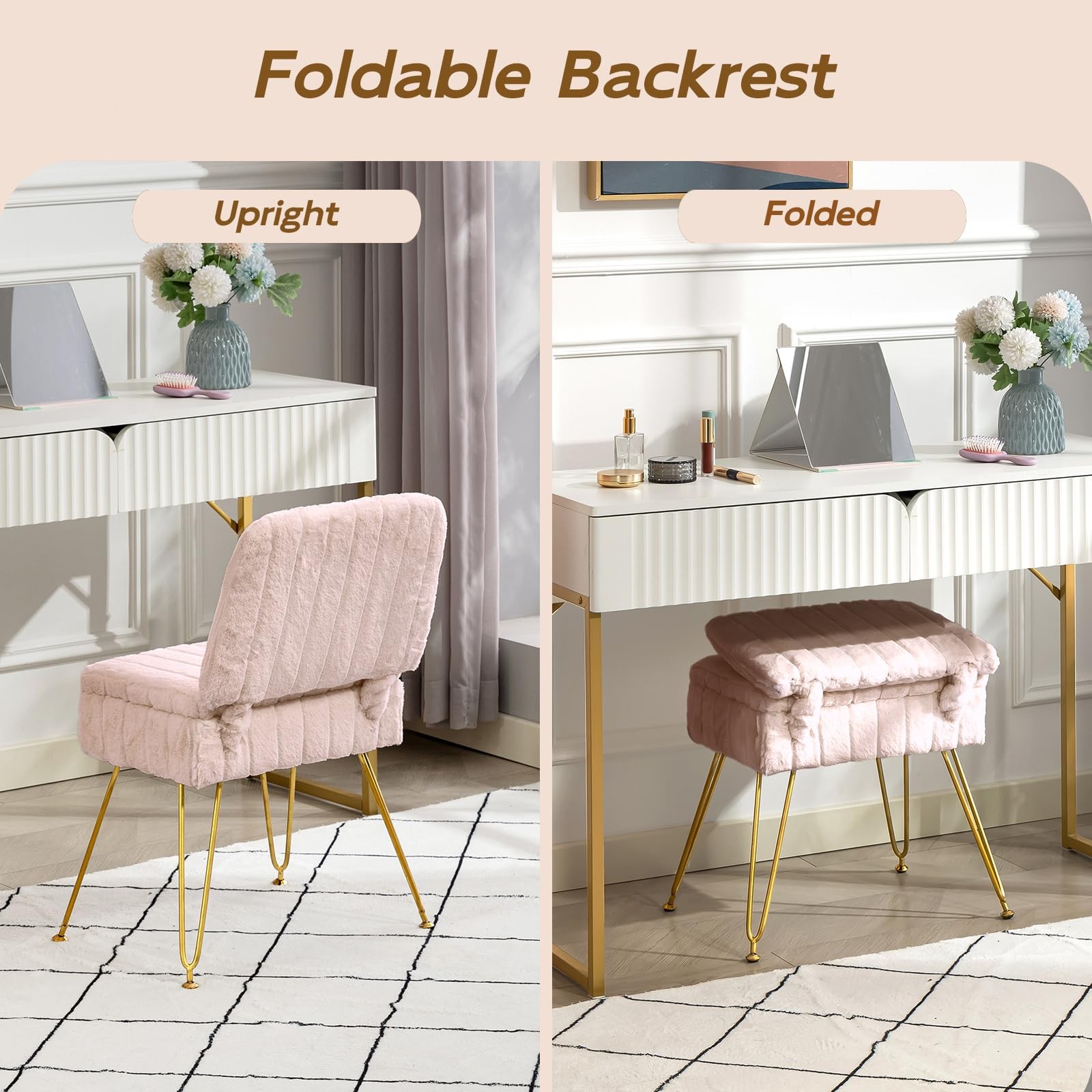 Vanity Chair with Storage, Comfy Ottoman with Folding Back, Faux Fur Vanity S...