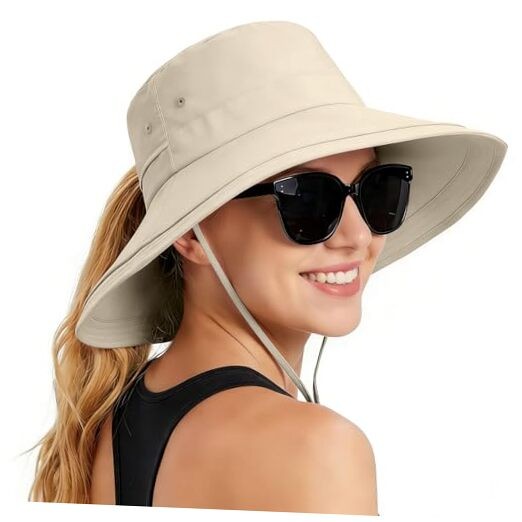 Women Sun Hat with Ponytail Hole Wide Brim Bucket Hats UPF 50+ Beach 1 Beige