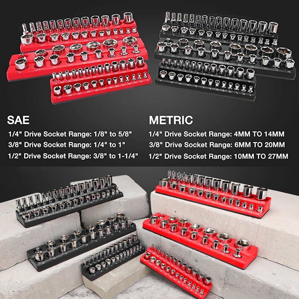 12PC Magnetic Socket Organizer Storage Holder 1/4'' 3/8'' 1/2'' SAE Metric Tools
