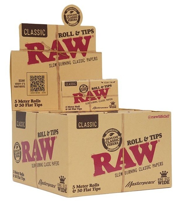 RAW King Size Wide Classic MASTERPIECE ROLL and TIPS - FULL BOX 24/Packs 5 meter