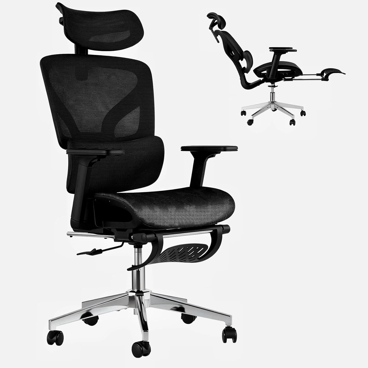 Ergonomic Desk Chair W/ Footrest, Fabric Mesh Computer Chair Adjustable Headrest