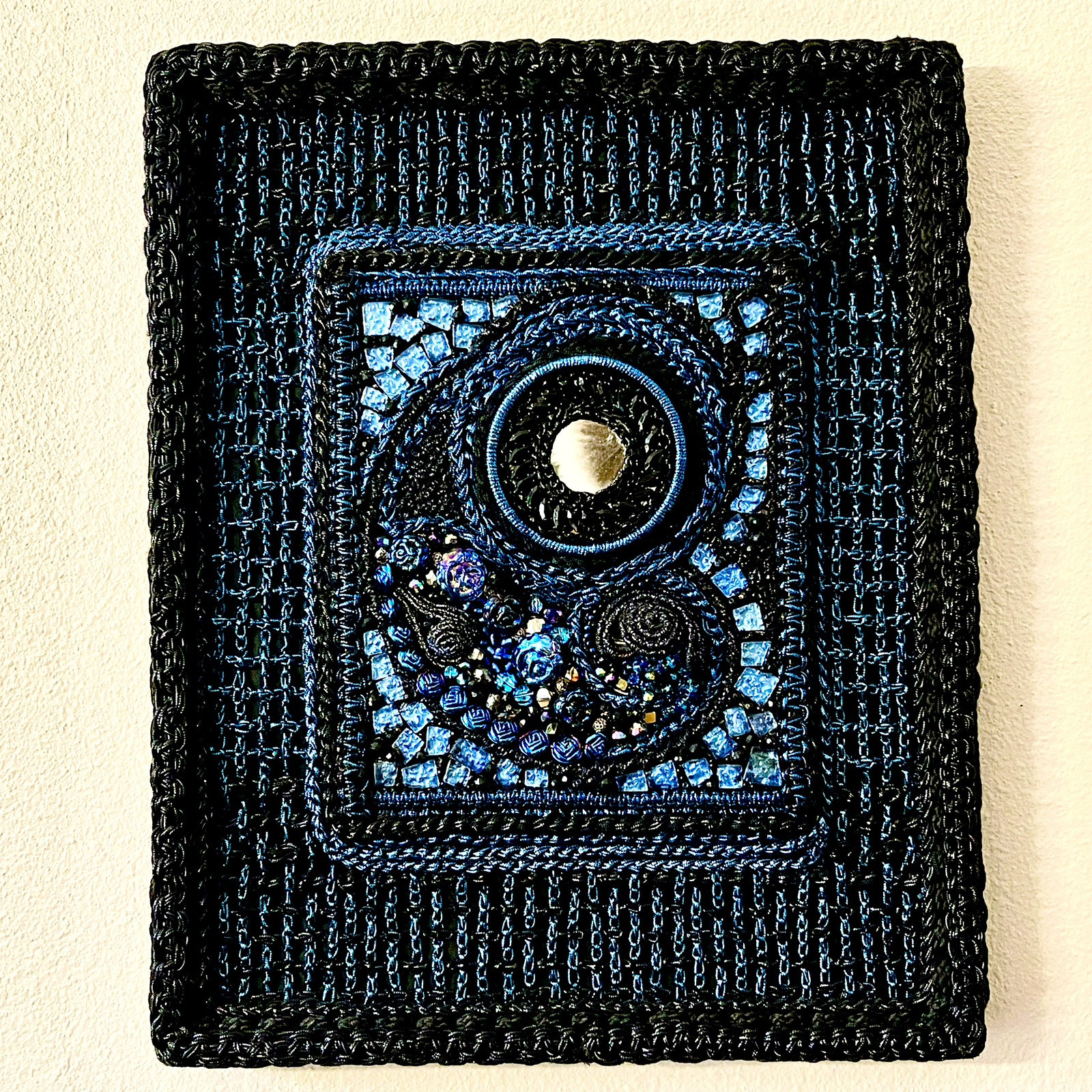 Media Art Abstract Collage Beaded Gems Rope Mirror Signed Framed Char Martin
