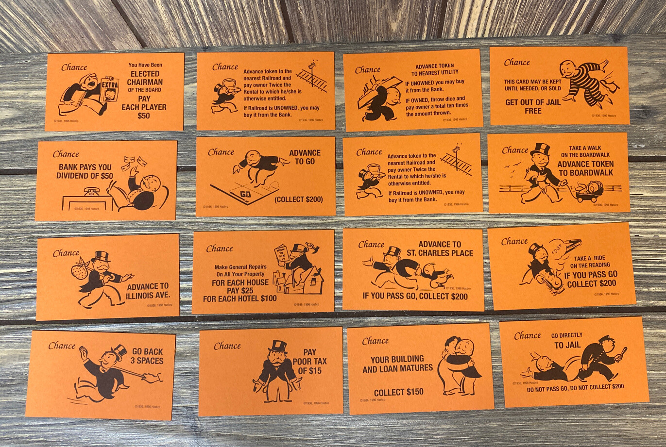 Hasbro Monopoly Game 1999 Orange Chance Cards Replacement Parts Pieces 16 Cards
