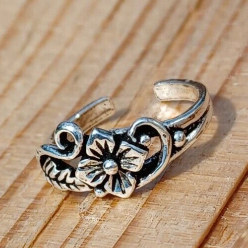 Gift For Her Solid Metal Women's Beautiful Adjustable Flower Toe Ring 925 Silver