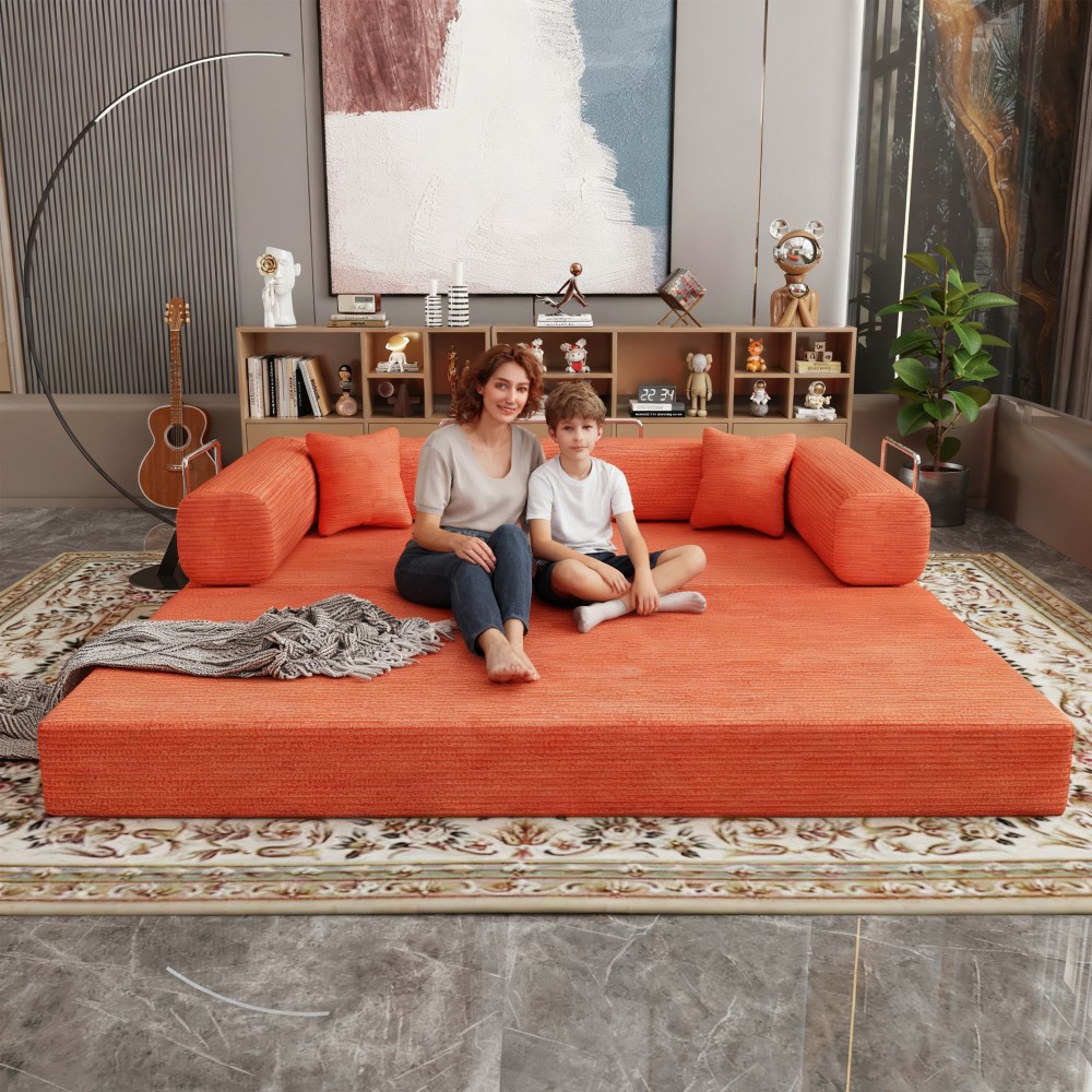 Sleeper Sofa Bed 2-Seater Convertible Couch Corduroy Foam Orange