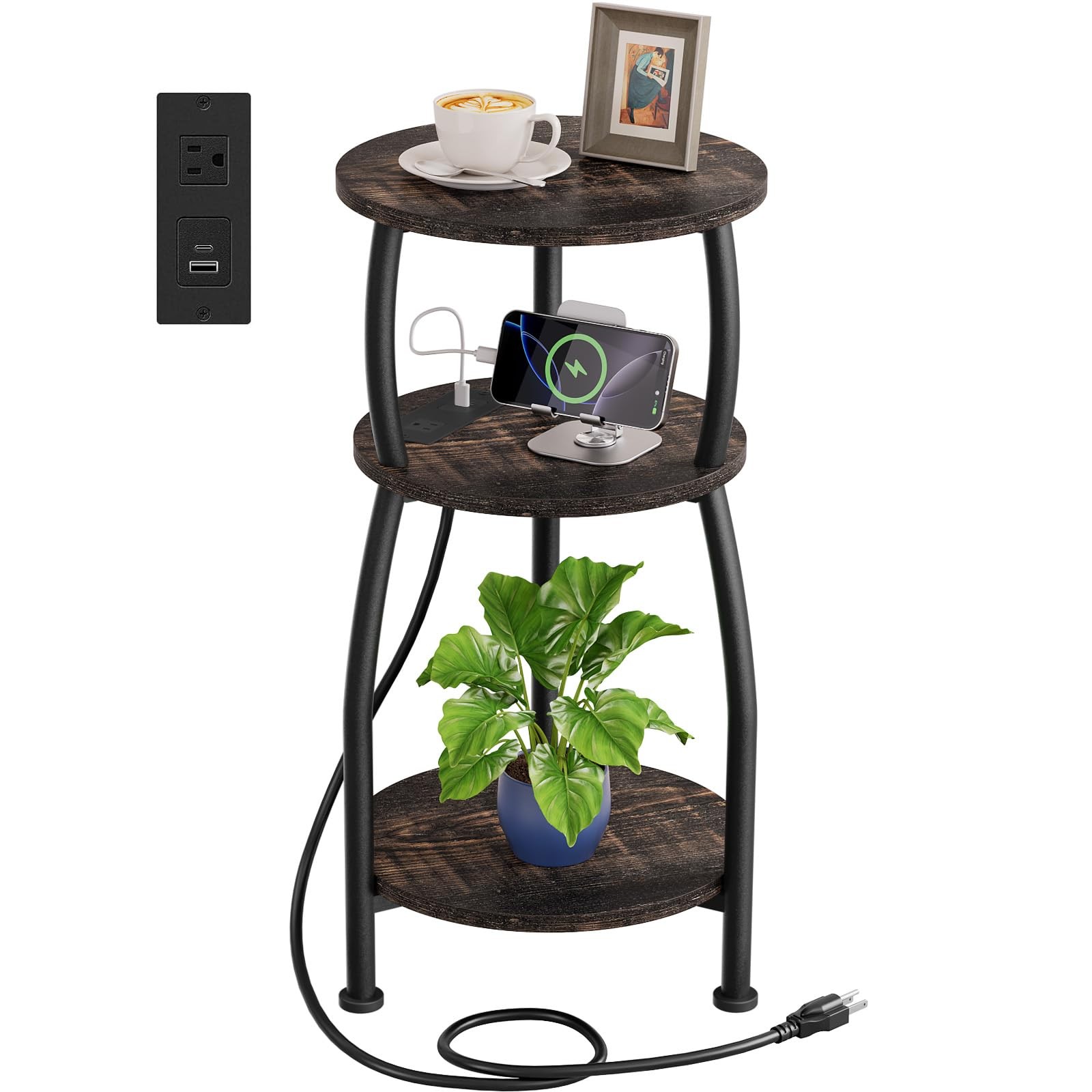 Round Side Table 3-Tier Power Outlet USB Ports Oak Dark Nightstand Shelf