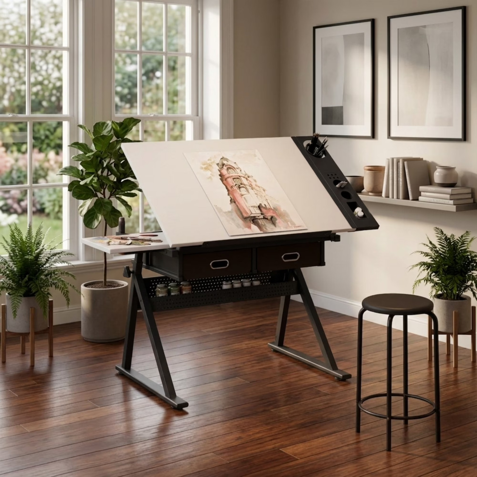 Height & Angle Adjustable Drawing Drafting Table Desk w/ Stool, 2 Drawers, White