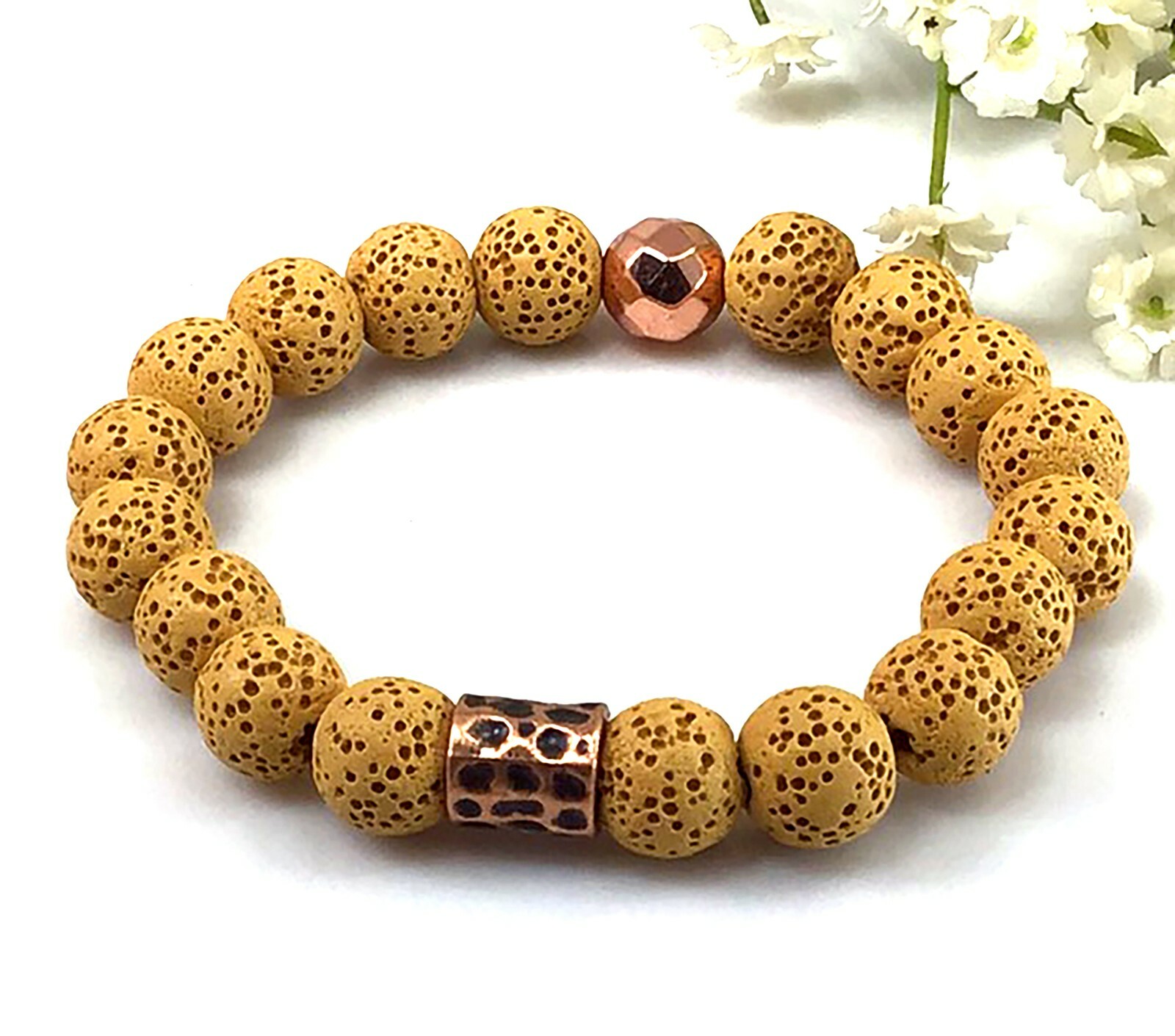 Yellow lava beaded bracelet with ball pendant healing gemstone for women