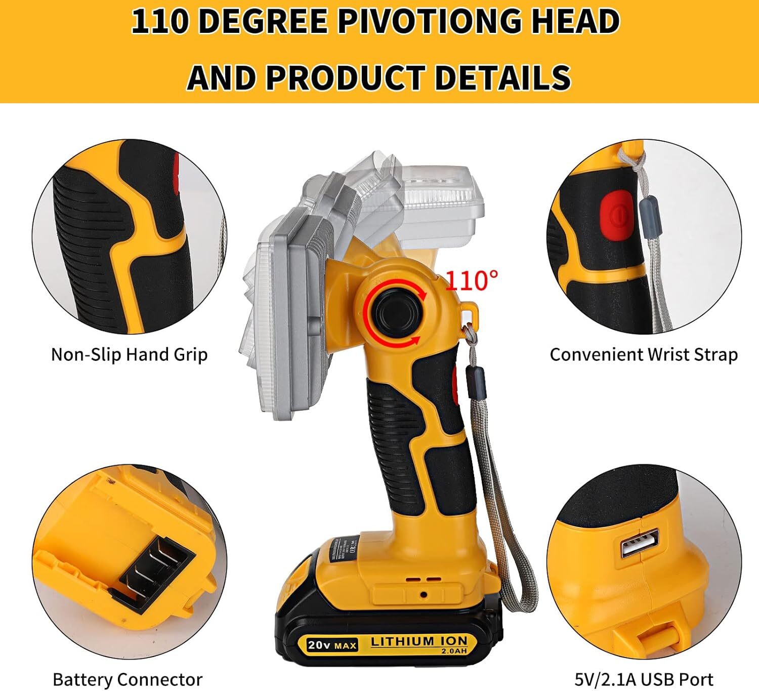2000LM LED Work Light Suitable For DeWalt 20 VOLT MAX XR DCB205 Li-Ion Battery