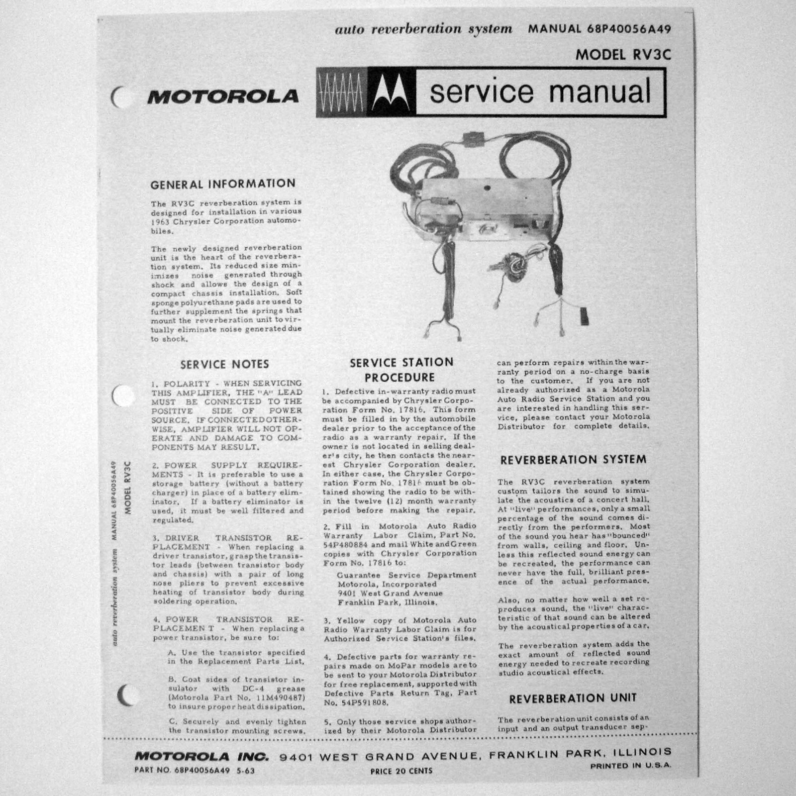 Motorola ® Model RV3C Reverb For 1963 Chrysler Auto Radio Service Manual © 1963