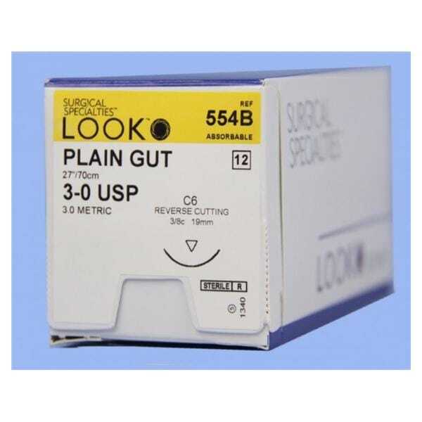 Look X554B Plain Gut Absorbable Sutures 3-0 27" C6 3/8 Circle Reverse Cut 12/Pk