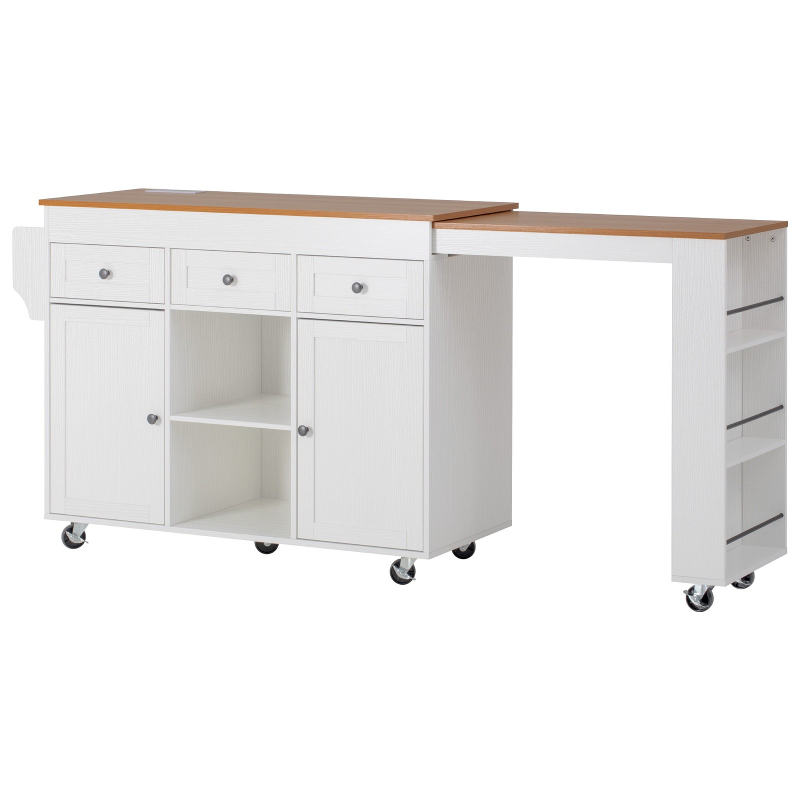 White Kitchen Island with Extendable Dining Table, 3 Drawers, 2 Doors, 85.5"