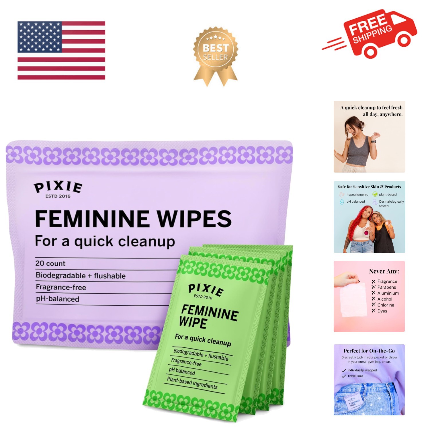 Pixie Feminine Wipes - Flushable, Biodegradable, pH Balanced & Unscented - In...