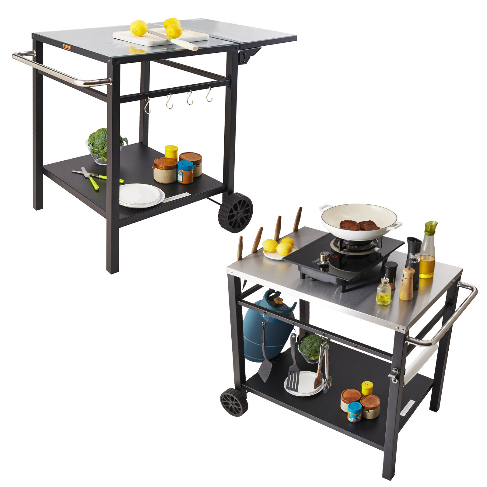 Outdoor Grill Dining Cart Double-Shelf BBQ Movable Food Prep Trolley Patio