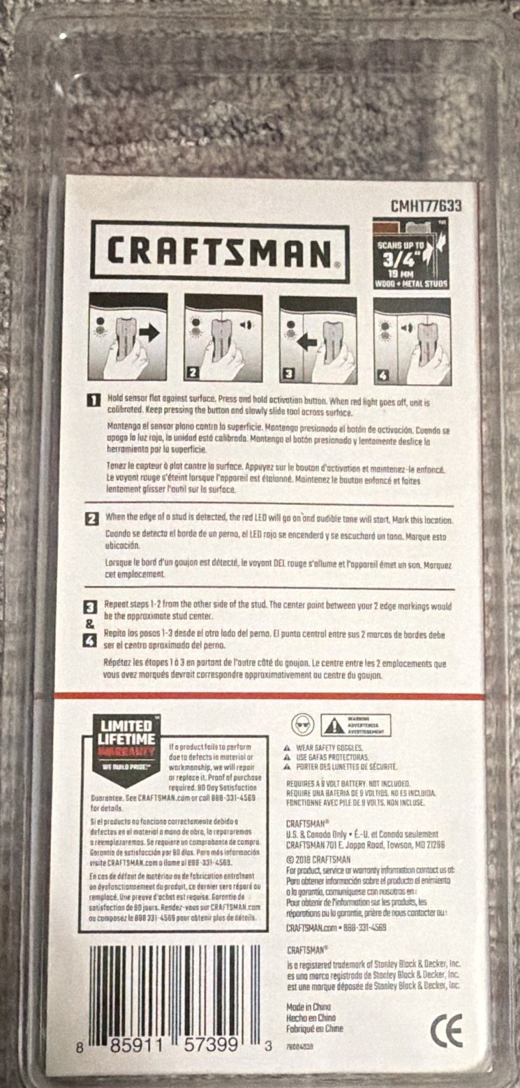 Craftsman Stud Finder Electric Sensor w/ Edge Detection LED Indicator CMHT77633