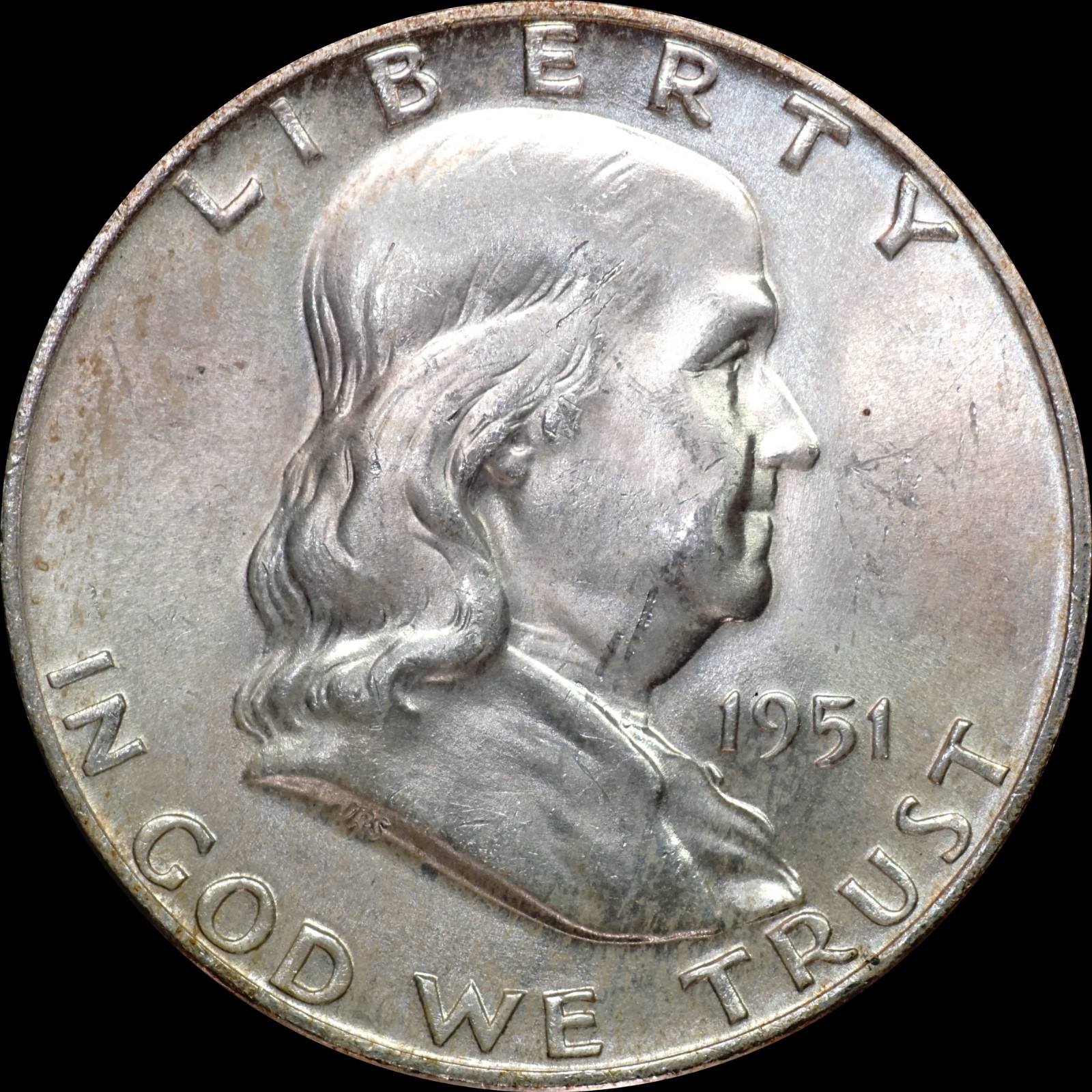 1951-D Franklin Half Dollar Silver UNC, Lite Dusty Tone, FBL, As Shown  331