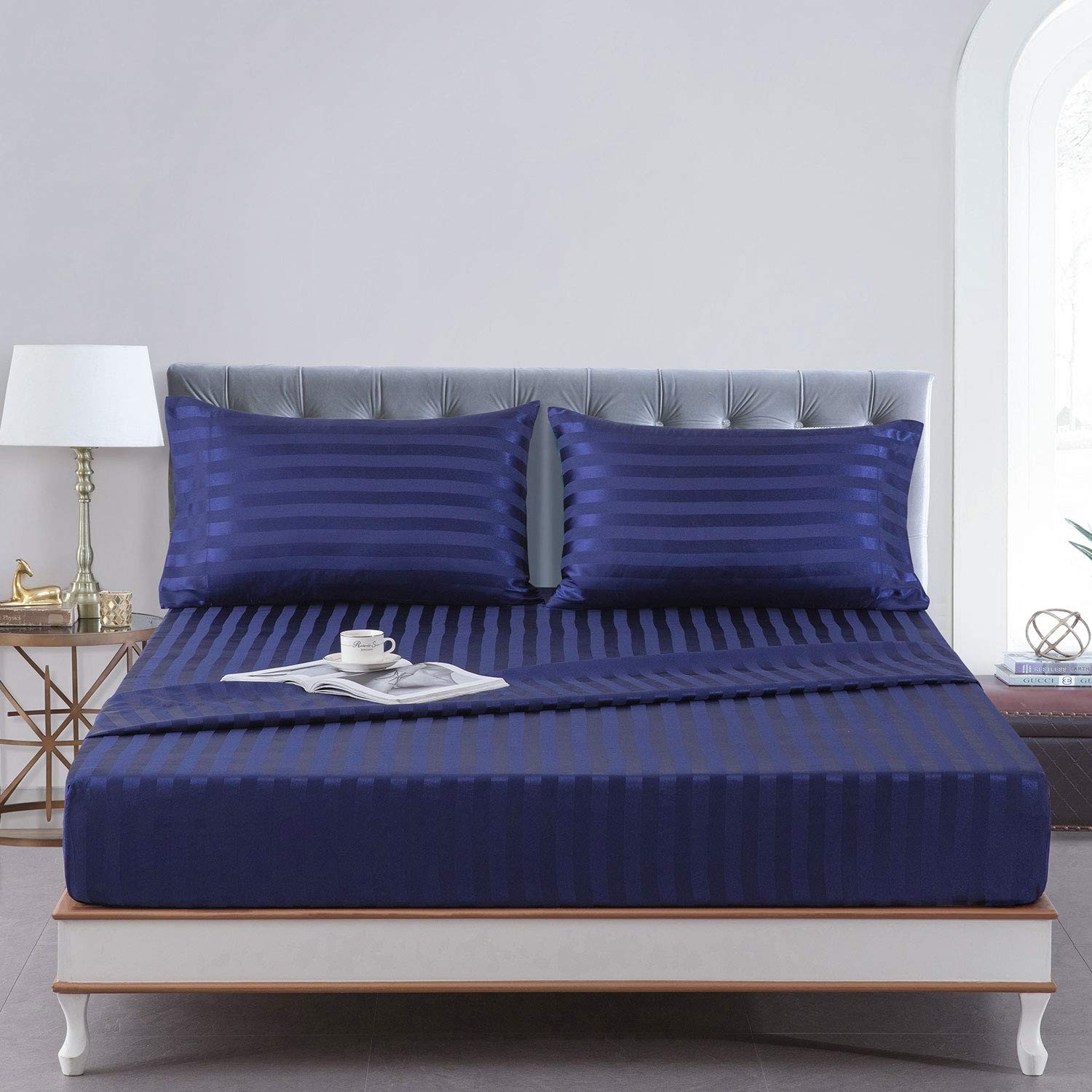 Satin-Silk Sheets Queen Size Bed Set, Navy Blue Soft Cooling Deep Pocket Queen