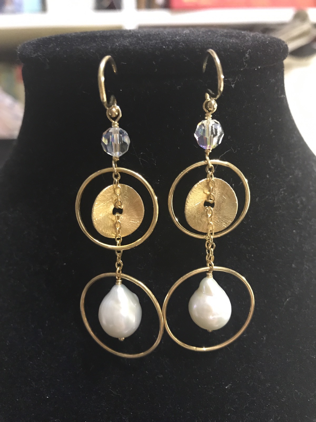 chan luu 2 1/2" long White Pearl Gold Plates And AB Crystal earrings