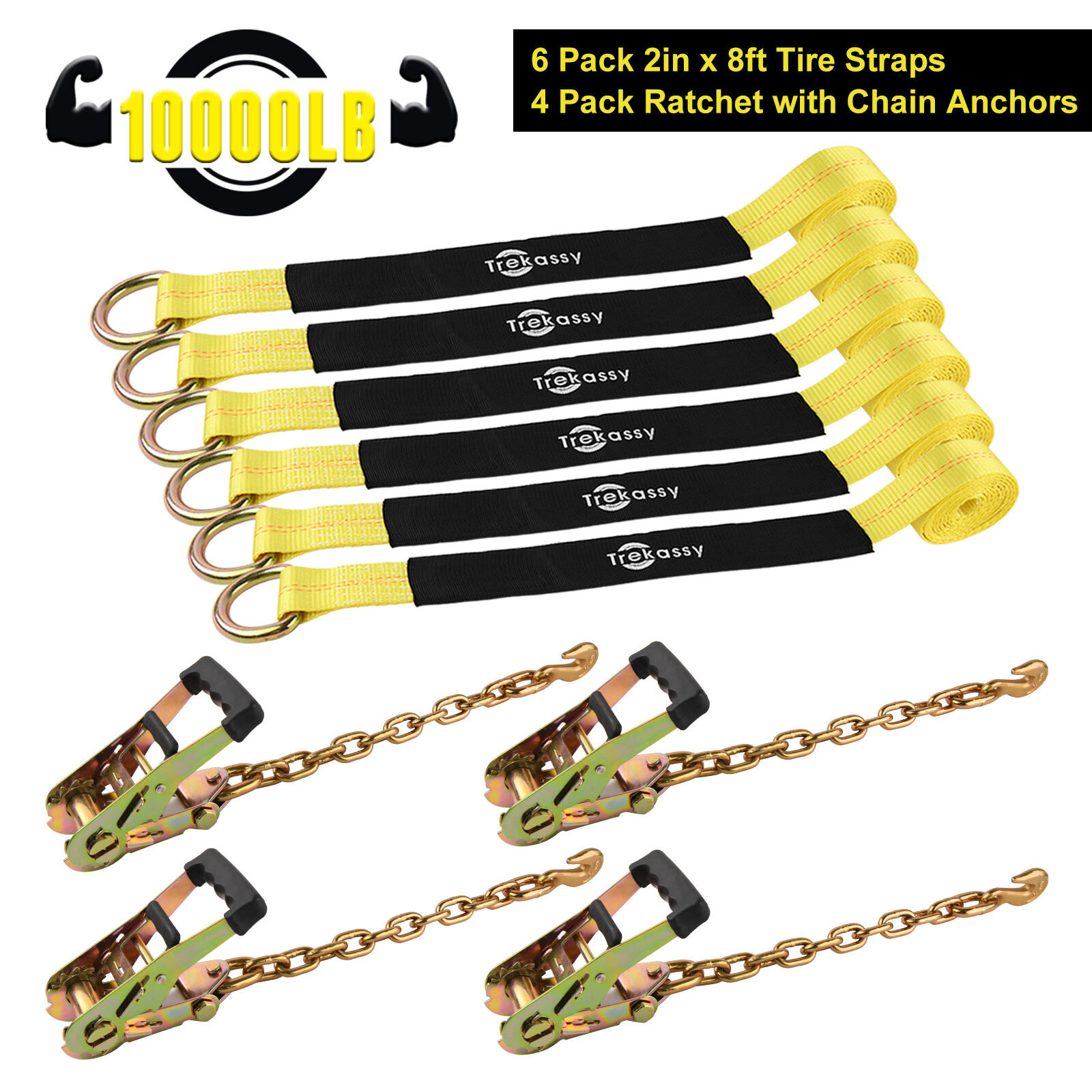 4 Pack Lasso Strap Car Wheel Tie Down Ratchet Straps with Chain Anchors 10,000LB
