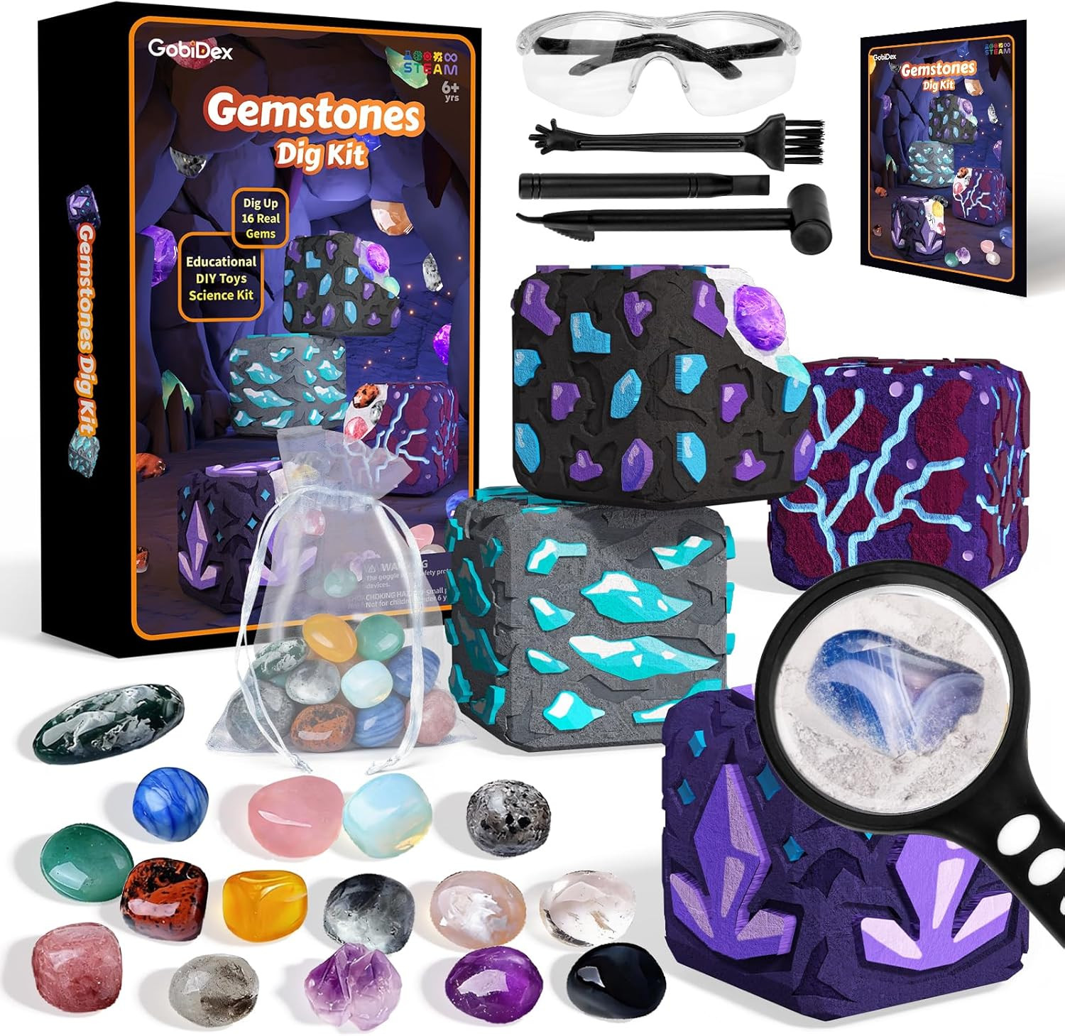 Gemstones Dig Kit for Kids, Excavate 16 Real Gemstones, STEM Science Toy, Archae