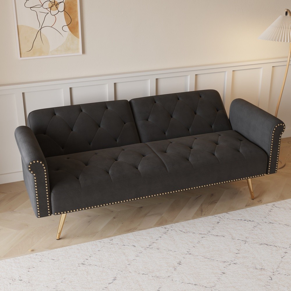 69.7" Velvet Sofa Bed - Nail Head Trim + Matching Throw Pillow Black