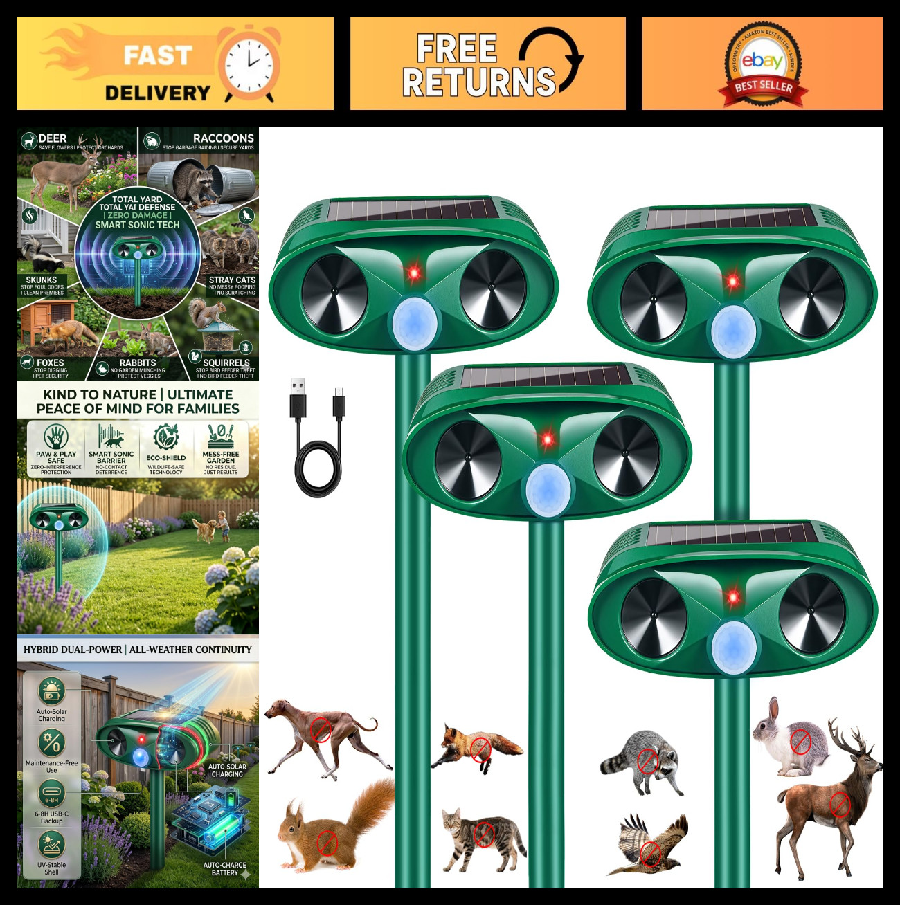 4 Pack Solar Ultrasonic Animal Repeller - Motion Sensor Deer, Cat, Skunk, Rabbit