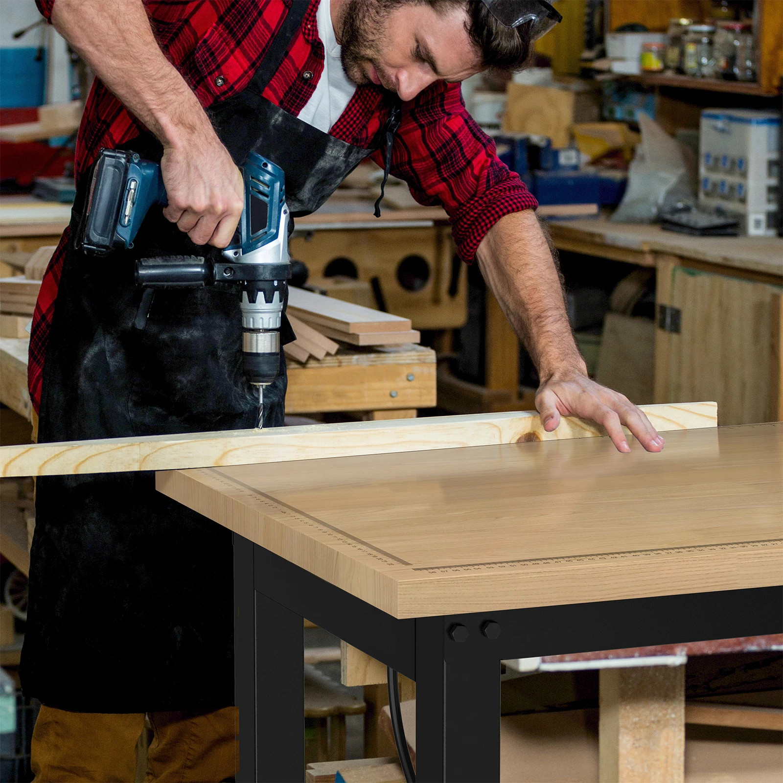 48" Adjustable Workbench with Wheels,Heavy-Duty Rubber Wood Worktable & Outlets