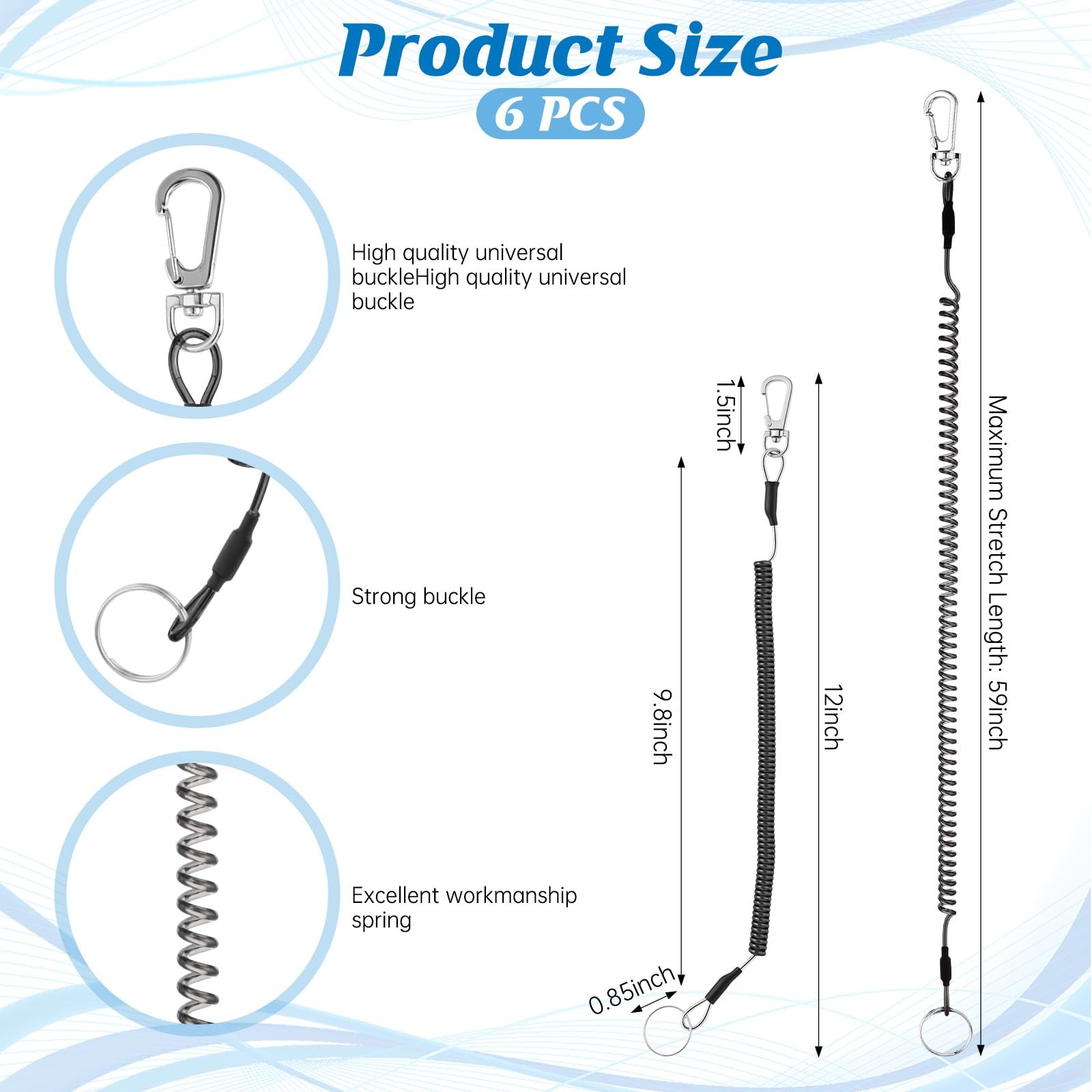 Retractable Coiled Lanyard Spring Fishing Tool with Carabiner and Split Ring