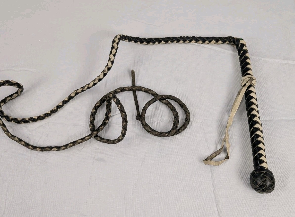 Black and White Braided Leather Bullwhip 6 Ft with Wrist / Hanging Loop