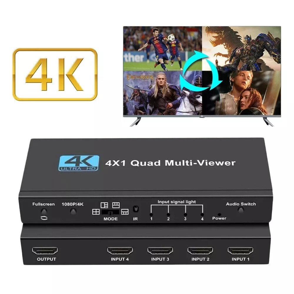 Multi-Viewer 4K HDMI 4x1 1080P Seamless Quad Screen Real Time Remote Splitter US