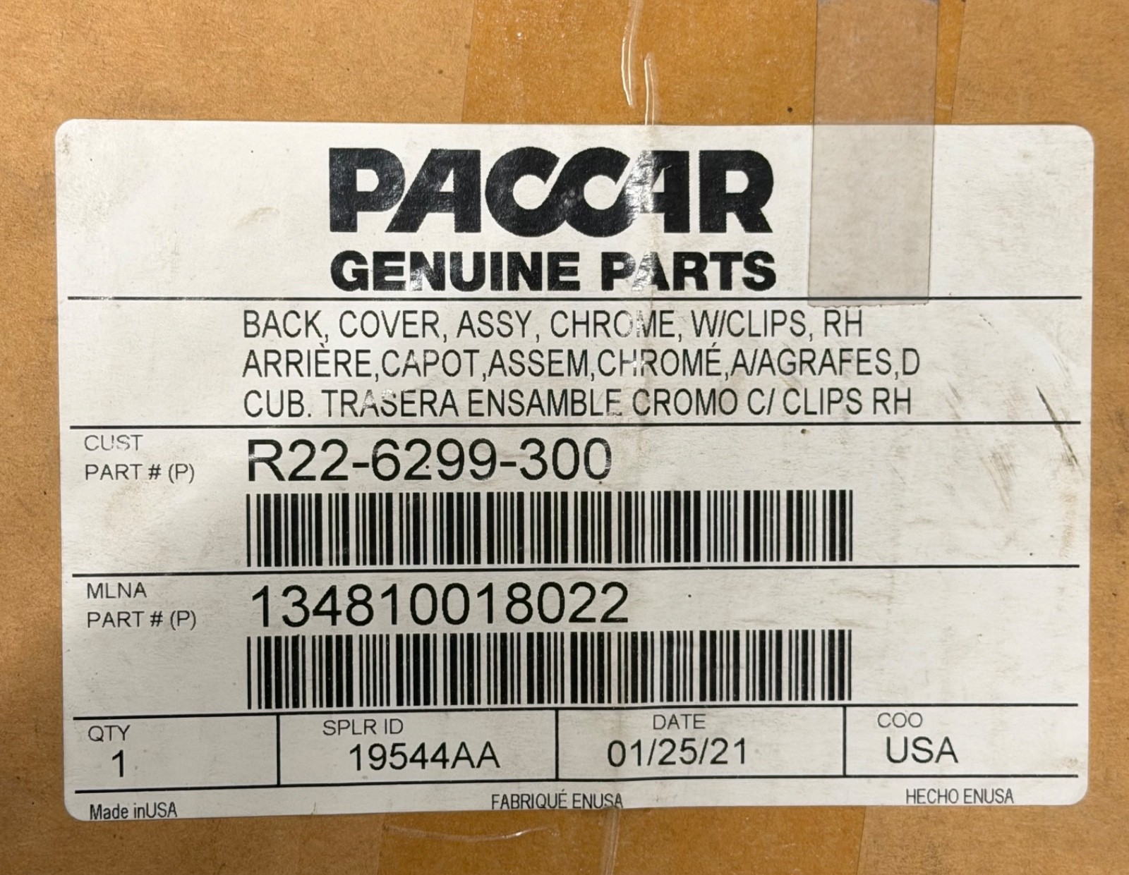 OEM PACCAR R22-6299-300 RH Chrome Mirror Cover Kenworth T680 T880 W990 Passenger