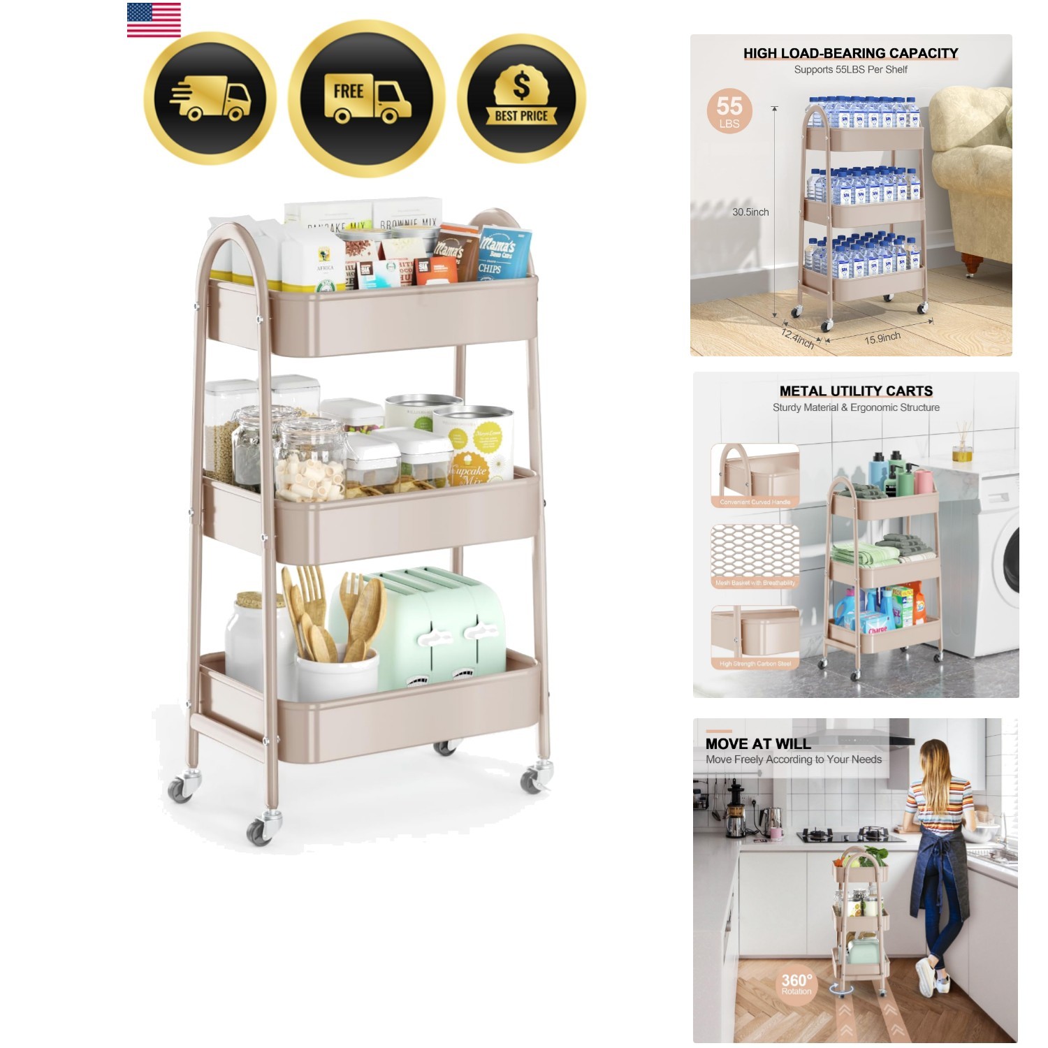 3 Tier Utility Rolling Cart, Metal Storage Cart with Handle and Lockable Whee...