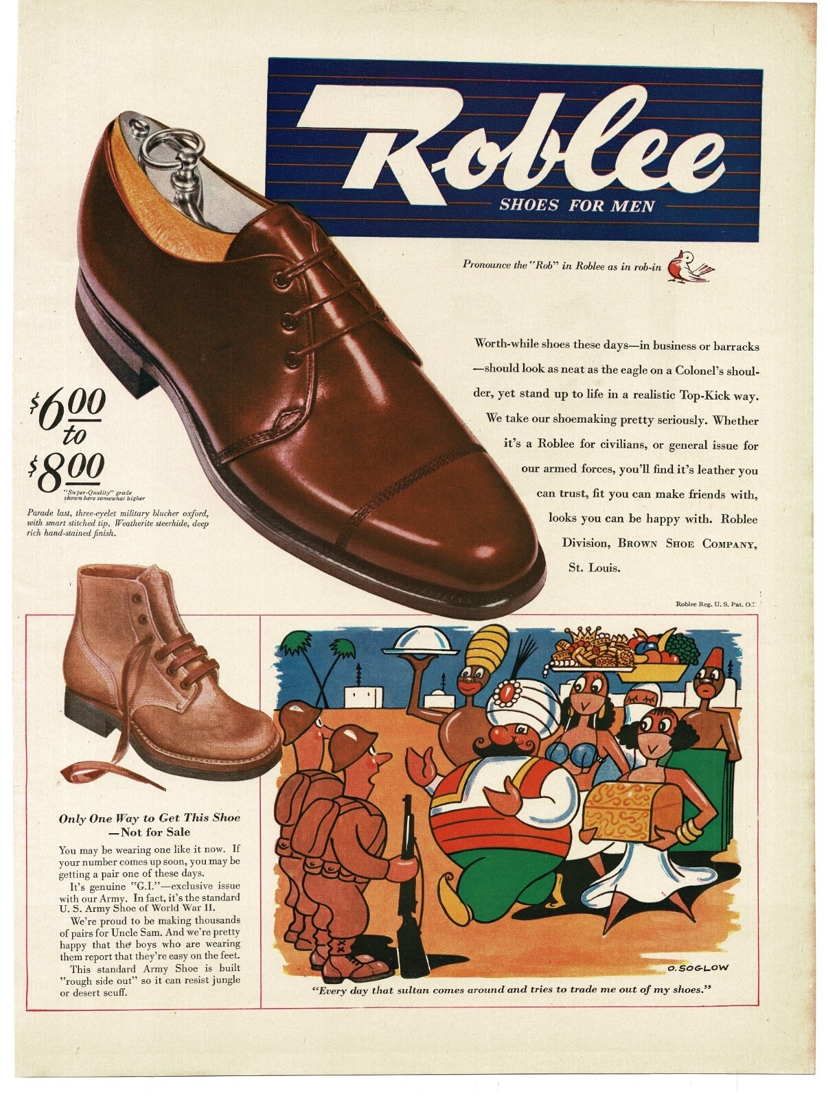 1944 Roblee Shoes For Men Oxford US Army Shoe Otto Soglow cartoon WWII Print Ad