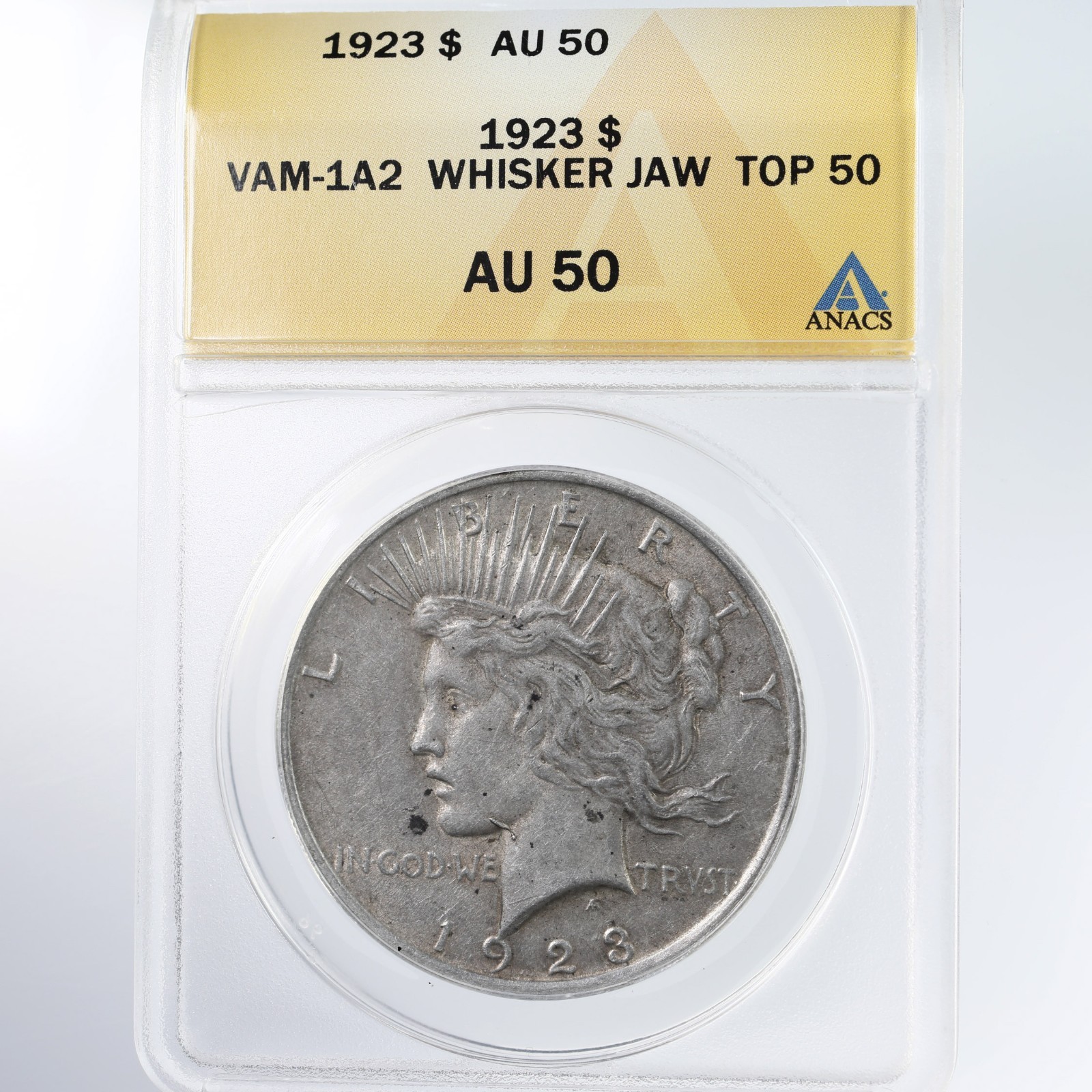 1923 Peace $1 VAM-1A2 Whisker Jaw Top 50 ANACS Certified AU50