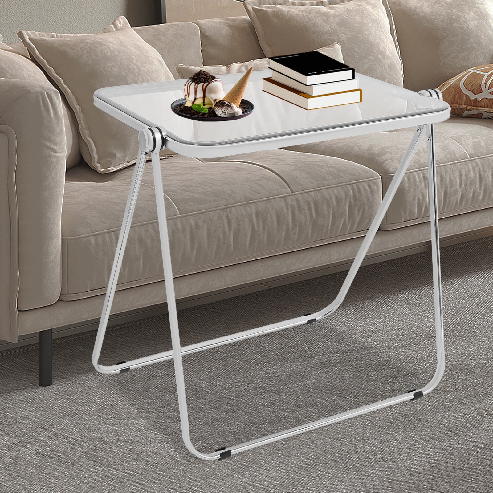 Silver& Clear Foldable Side Table Tiny Computer Desk for Home Office Indoor
