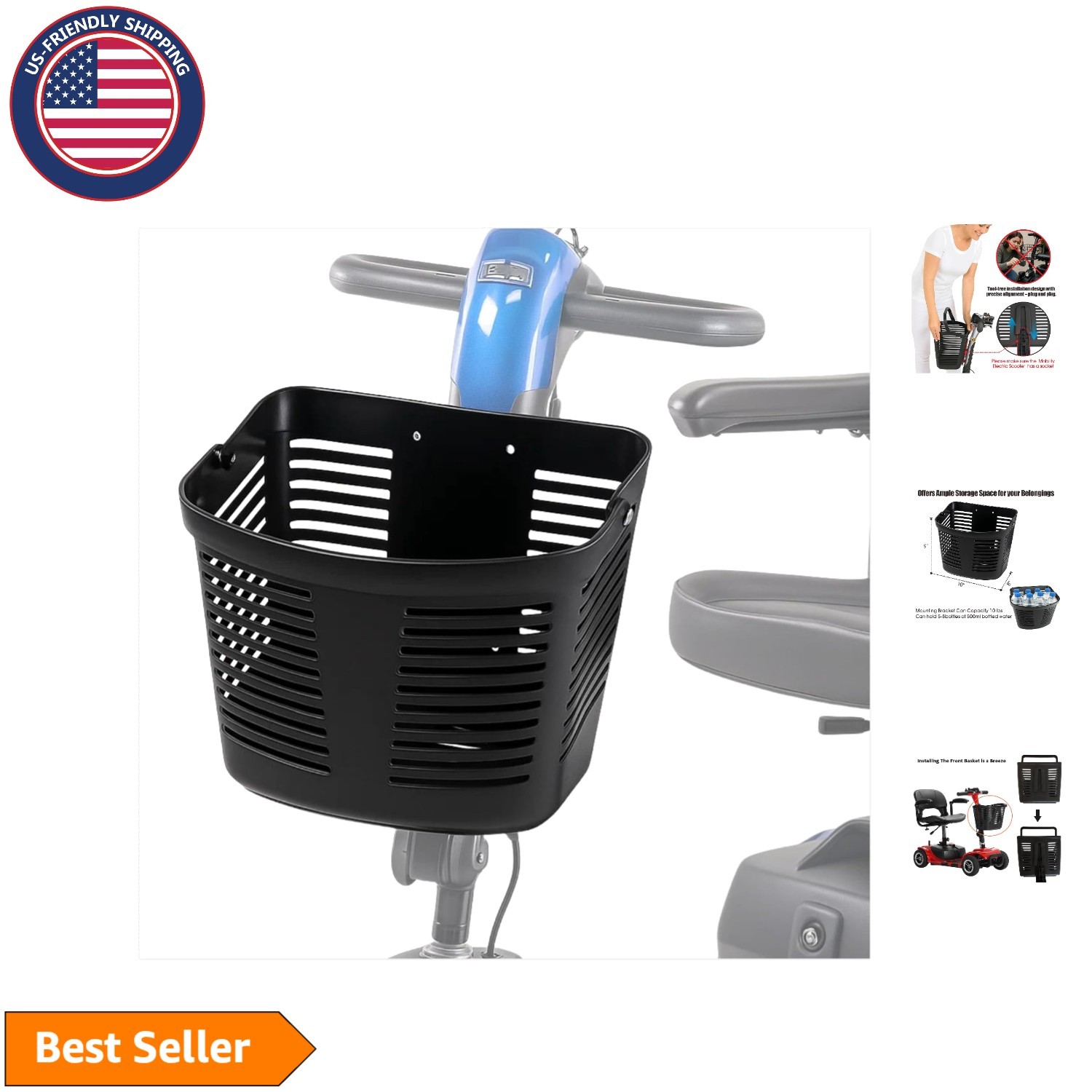 Elegant Front Basket for 3 & 4 Mobility Scooters - Easy Mount, 10"L x 8"W x 9"H