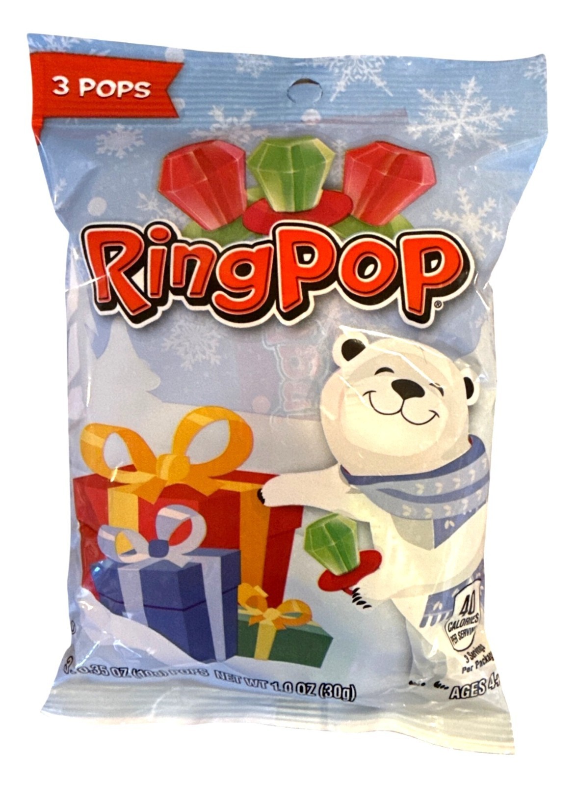 1.0oz/3ct Bag RING POP Holiday/Christmas Individually Wrapped Lollipops Ages 4+