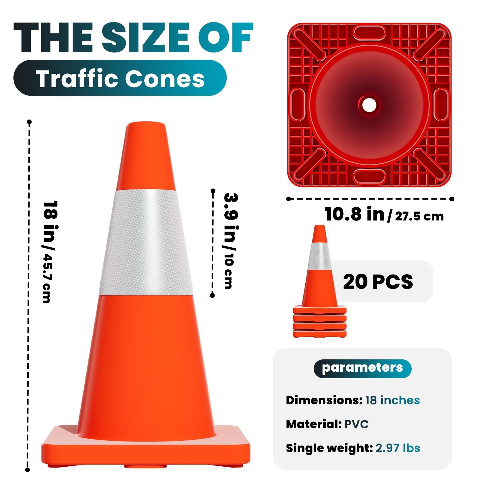 20Pack 18" Traffic Cones Safety Road Parking Cones PVC Base  Reflective Collars