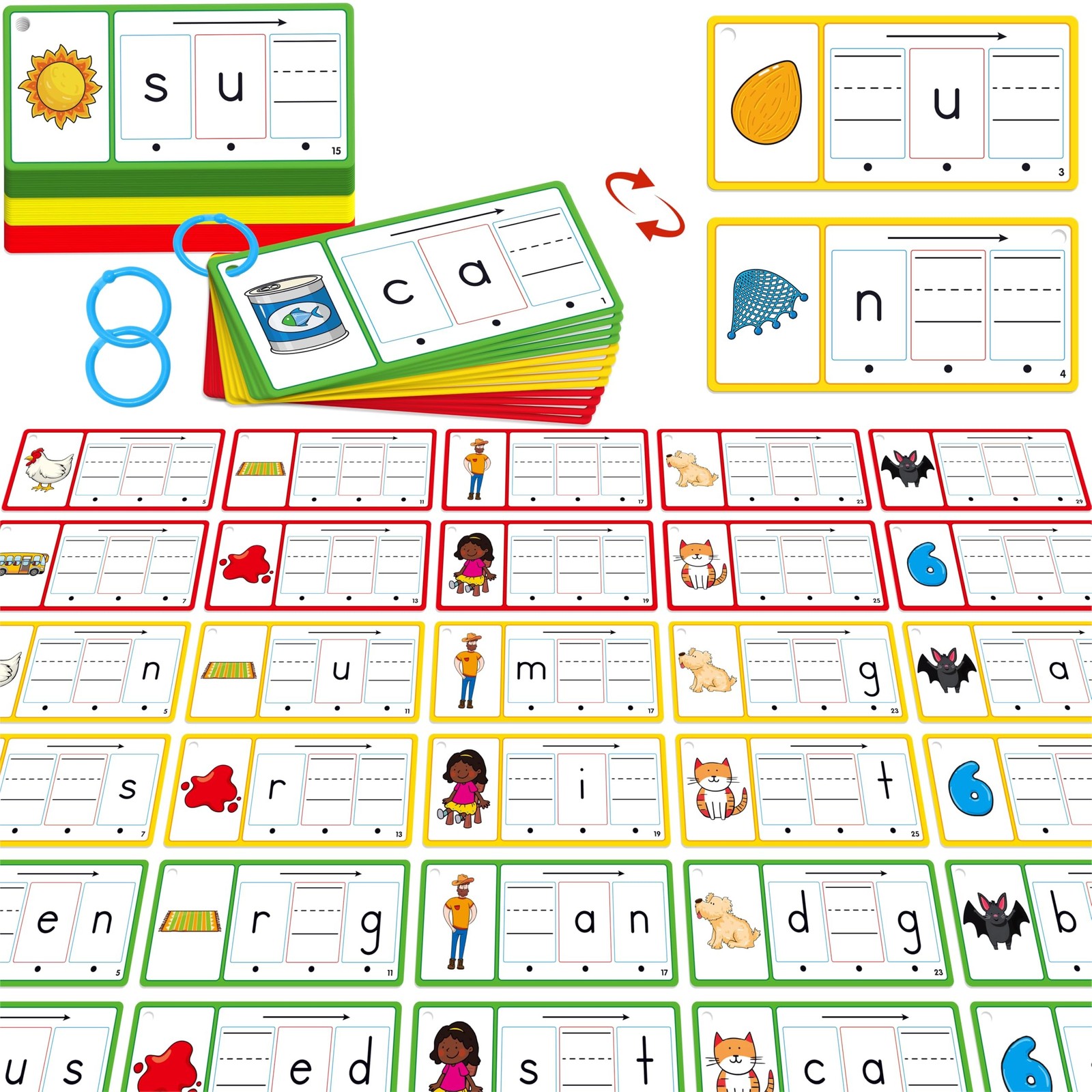 CVC Word Writing Cards, 100 Double-Sided Handwriting Cards 3-Level Short Vowe...