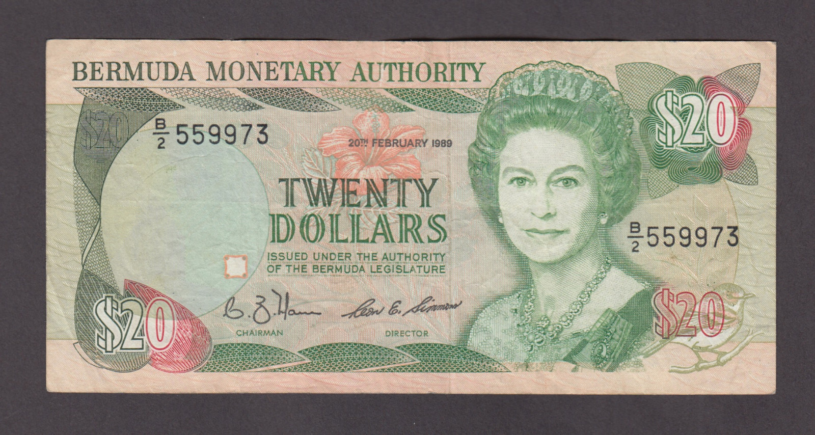 BERMUDA P.37b-9973  20 DOLLARS 20.2.1989 PFX B/2  VERY FINE  WE COMBINE  2206
