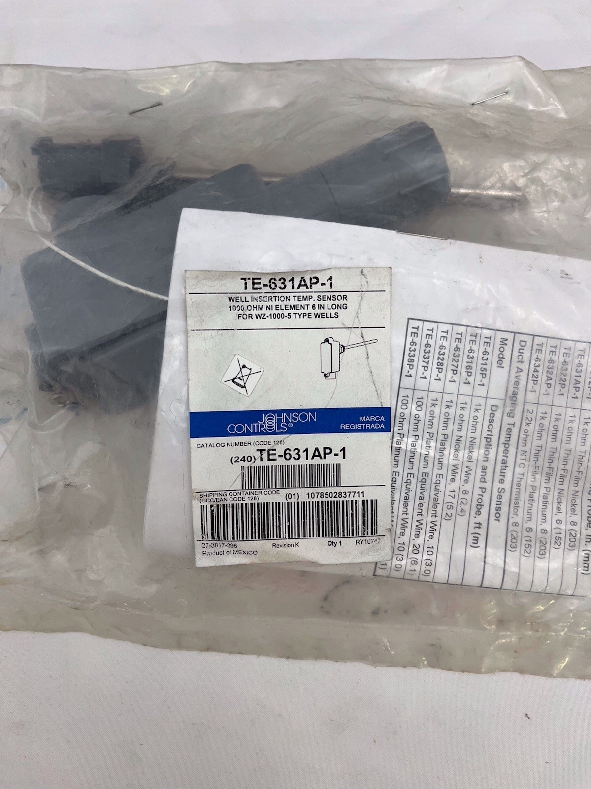 Johnson Controls TE-631AP-1 Temperature Sensor 6” For Well Insertion