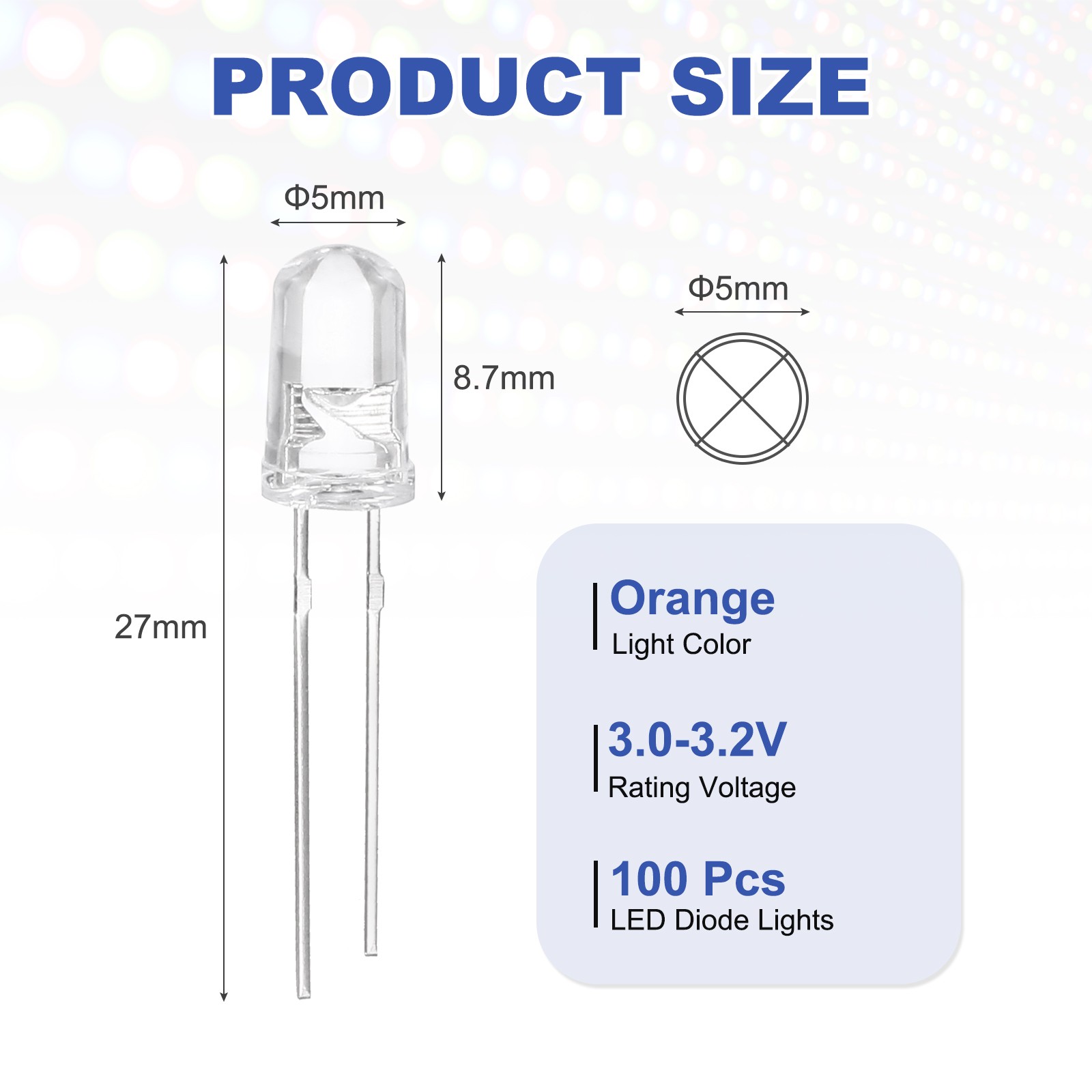 100pcs 3mm LED Diode Lights, Orange Round Transparent DC 1.8-2.0V